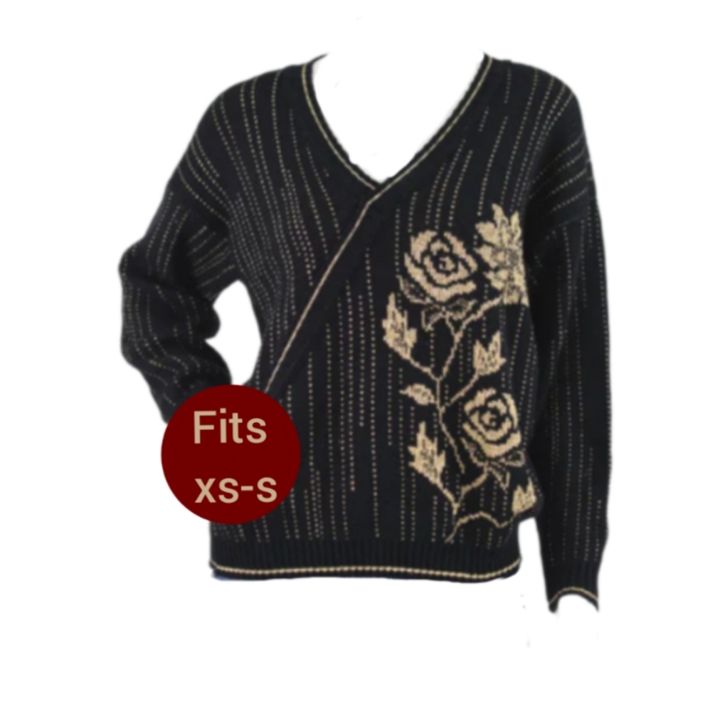 Ellen D Vintage knit Black v-neck sweater with gold embroidery Sz P or Xs-S